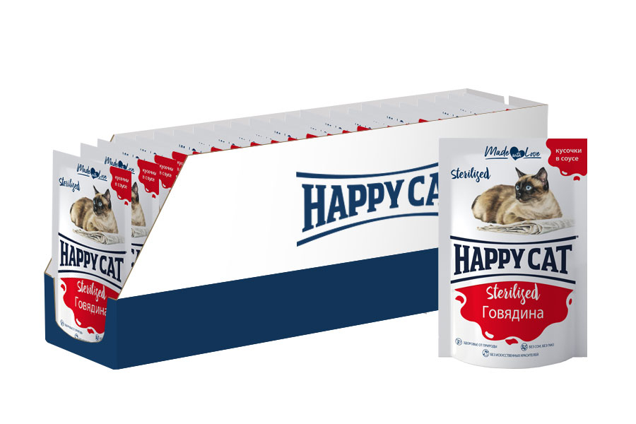 

Влажный консервированный корм для кошек Happy Cat паучи с говядиной 24 шт по 85 г