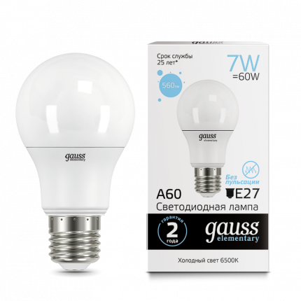 

Лампочка (упаковка 10шт) E27 7Вт A60 560лм холодный свет 6500K LED
