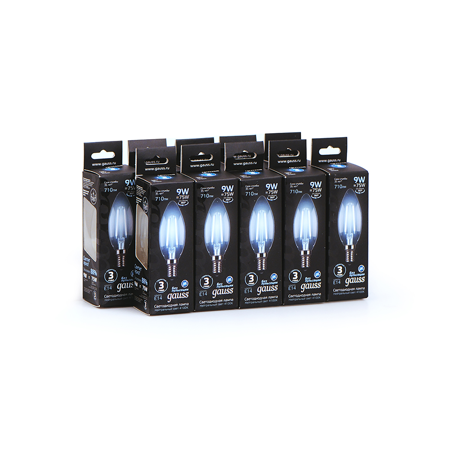 фото Упаковка ламп 10 штук gauss filament свеча 9w 710lm 4100к е14 led