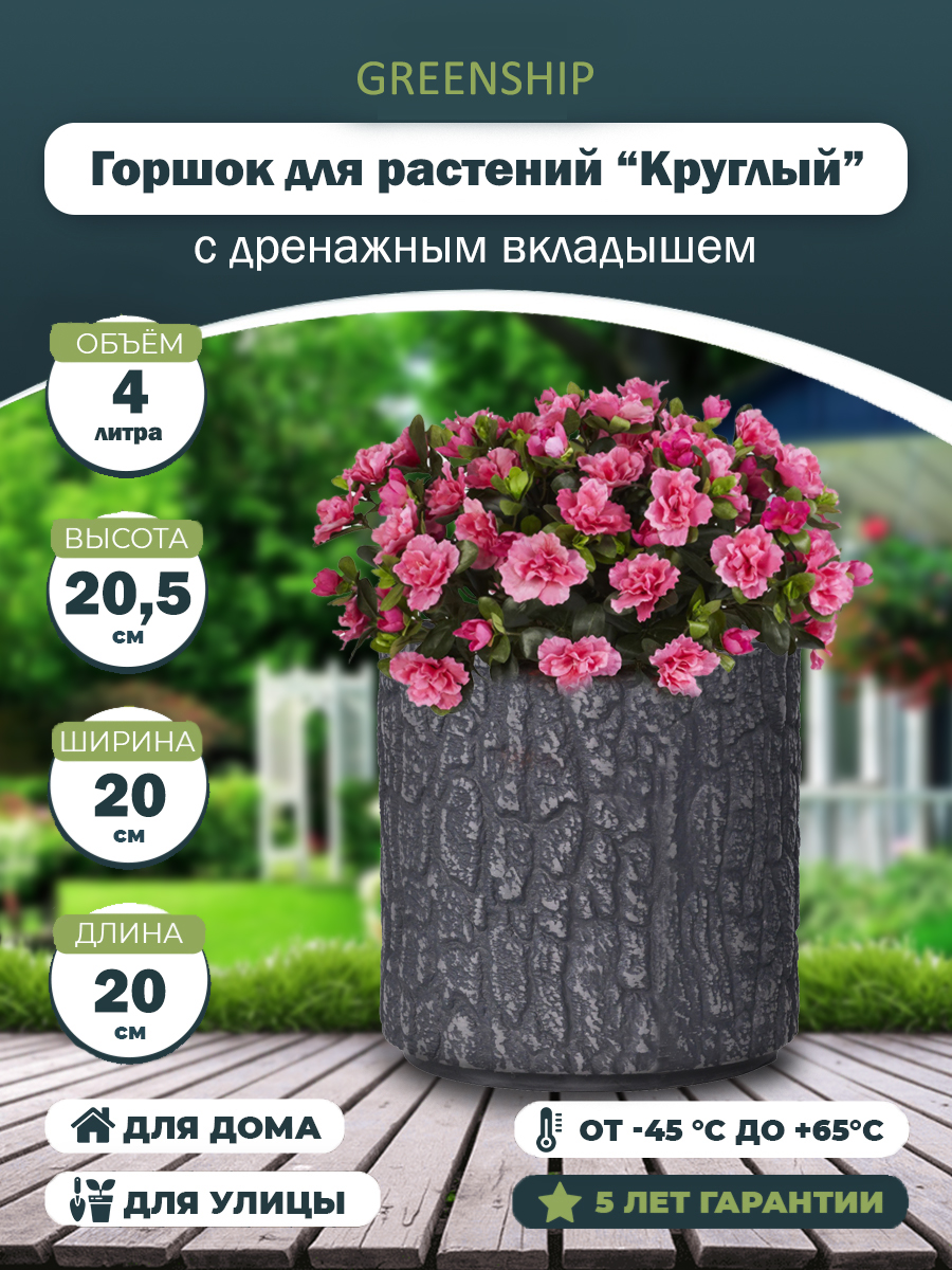 

Круглое кашпо, GreenShip, с дренажным вкладышем, Y17D20Aду, серого цвета, 1шт, Серый