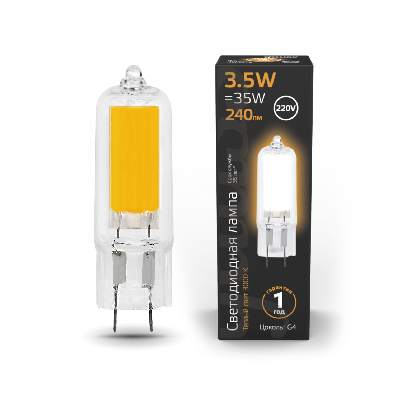 

Лампочка (упаковка 10шт) G4 AC220-240V 3.5Вт 240лм теплый свет 3000K стекло LED