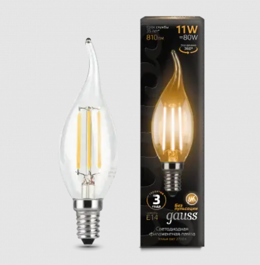 фото Упаковка ламп 10 штук gauss filament свеча на ветру 11w 810lm 2700к е14 led