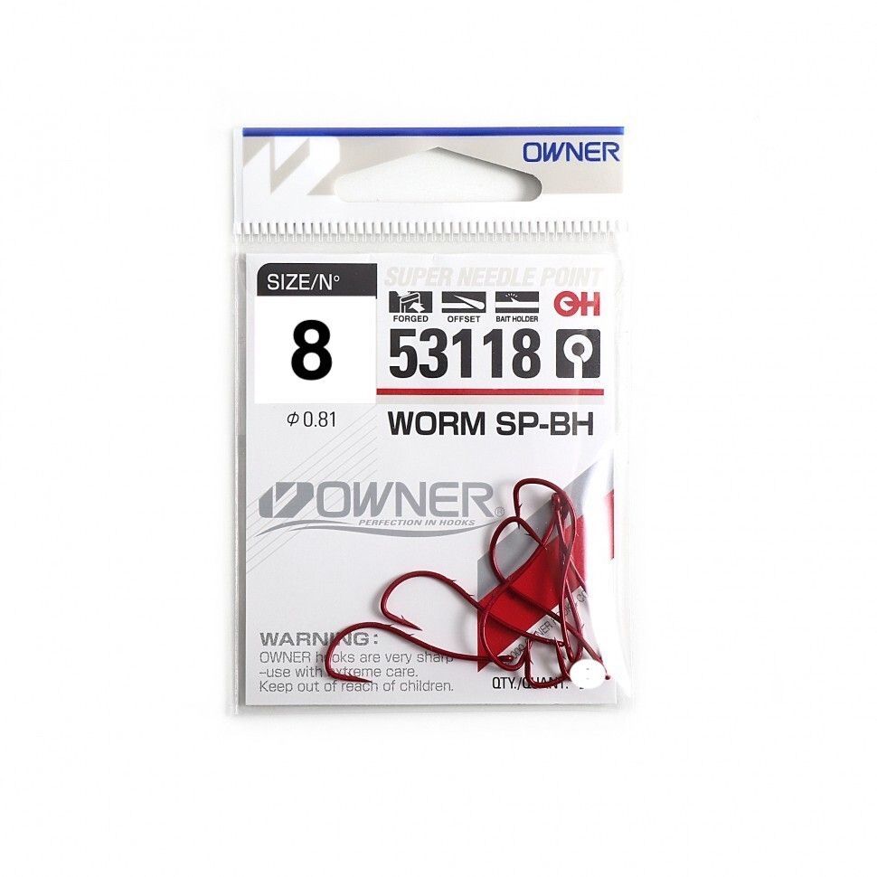 

Крючки Owner 53118 Worm SP-BH №08, Красный, Worm SP 53118
