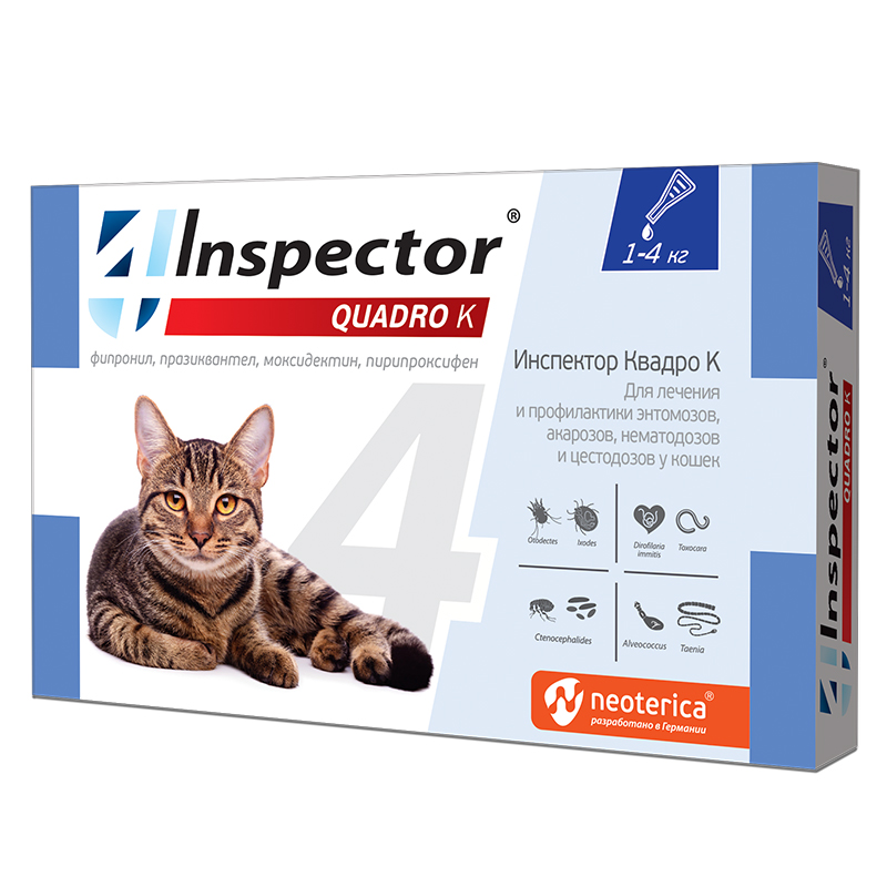 

Капли для кошек против блох, власоедов, вшей, клещей Inspector, 2-4 кг, 1 пипетка, 0,4 мл