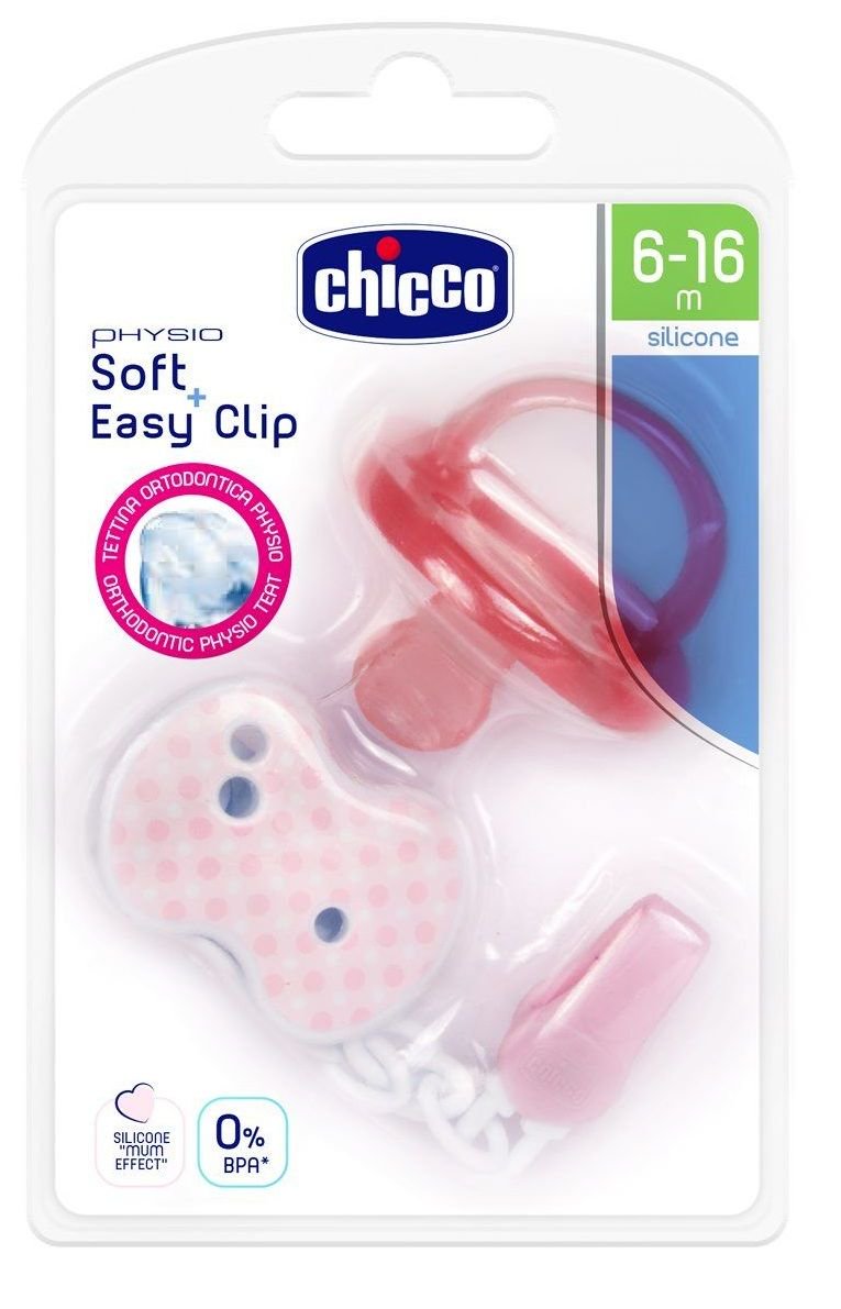 Пустышка Chicco Physio Soft, с прищепкой, силикон, 6-16 месяцев, розовая