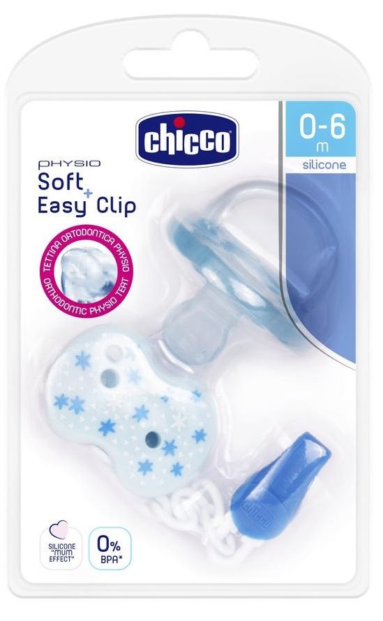 Пустышка Chicco Physio Soft, с прищепкой, силикон, 0-6 месяцев, голубая