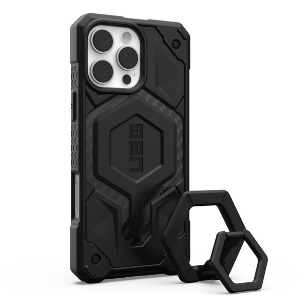 

Чехол + подставка UAG Monarch Pro MagSafe для iPhone 16 Pro Max карбон (Carbon Fiber), Черный, Monarch Pro MagSafe