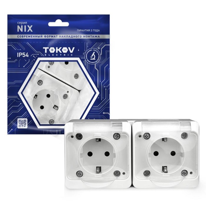 фото Розетка tokov electric, nix, 2-м, 16а, ip54, 250в, с з/к, с прозр. кр, белый