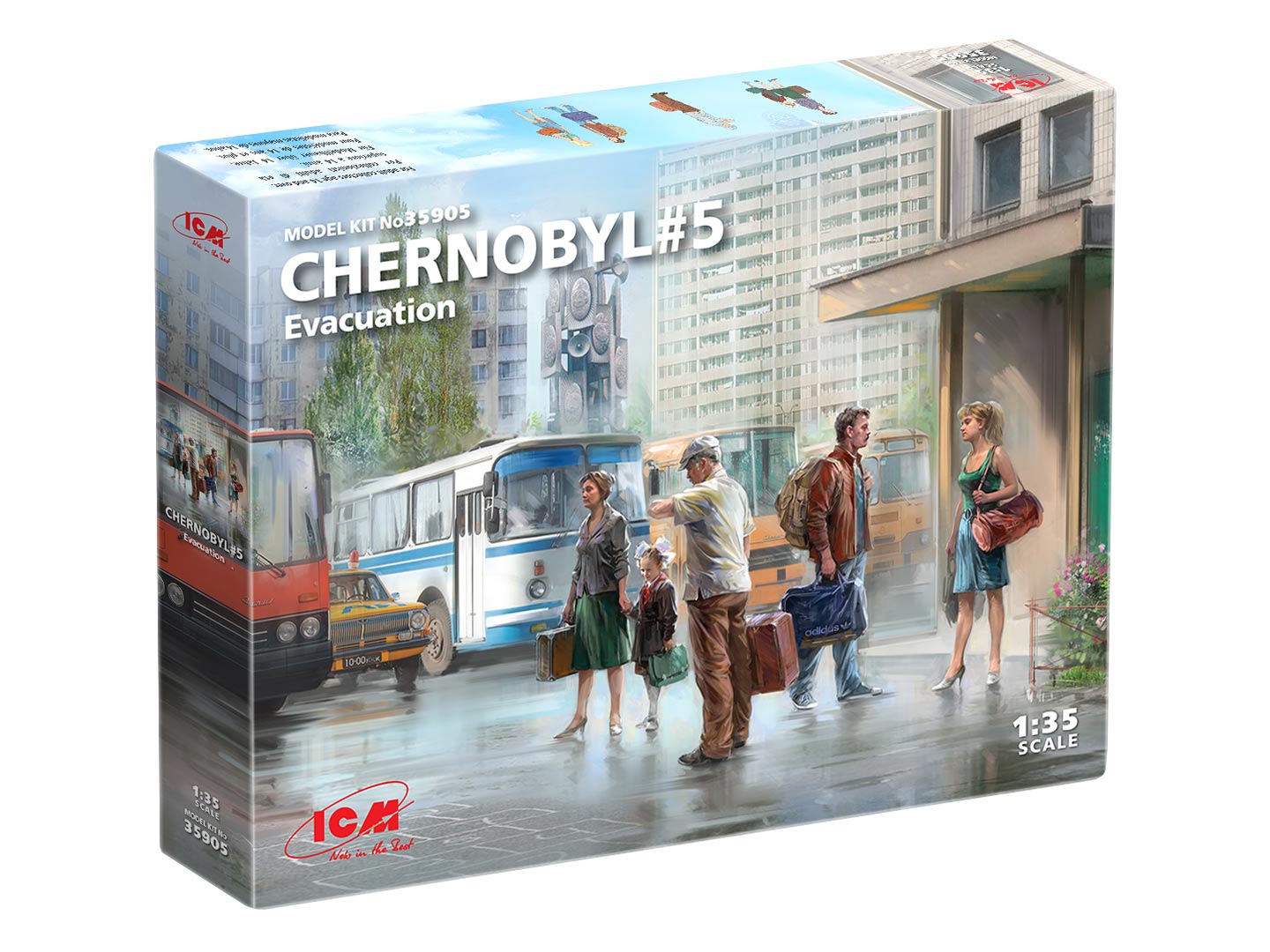 

Сборная модель ICM 1/35 Чернобыль #5. Эвакуация (4 взрослых, 1 ребёнок и багаж) 35905