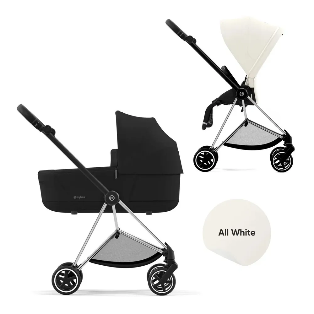 

Cybex Mios III Коляска 2 в 1, рама Chrome, текстиль All White/Black с дождевиком и адаптер, Cy-Mios3