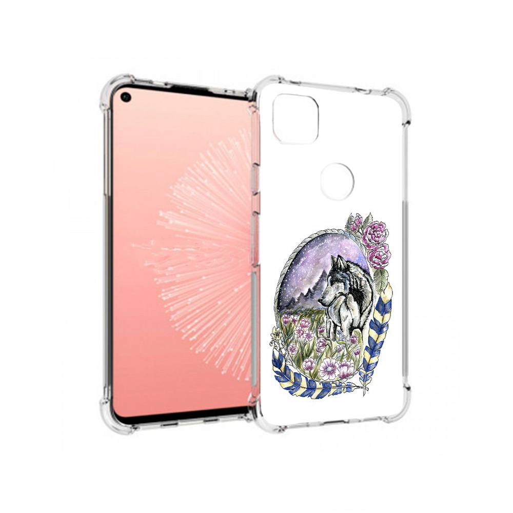 

Чехол MyPads Tocco для Google Pixel 4A нарисованный волк в цветах с перьями, Прозрачный, Tocco