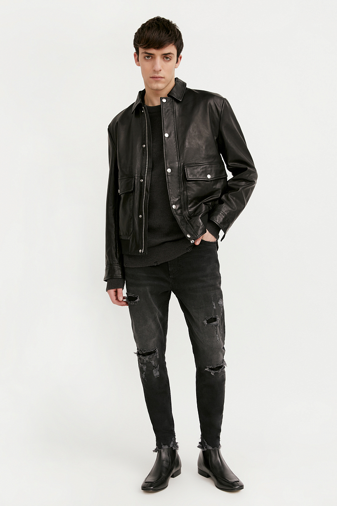 фото Кожаная куртка мужская finn flare b21-21801 черная 2xl