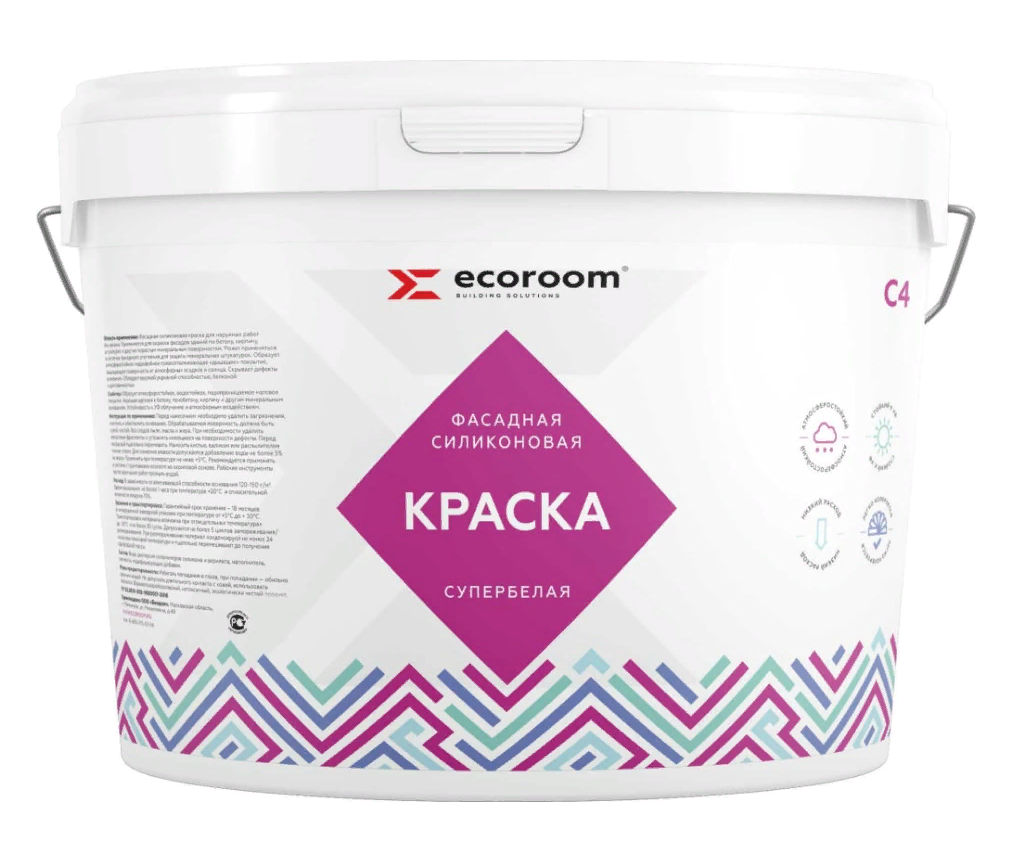 Силиконовая краска ECOROOM для фасадных работ, белый, 14 кг Е-Кр-3681/14