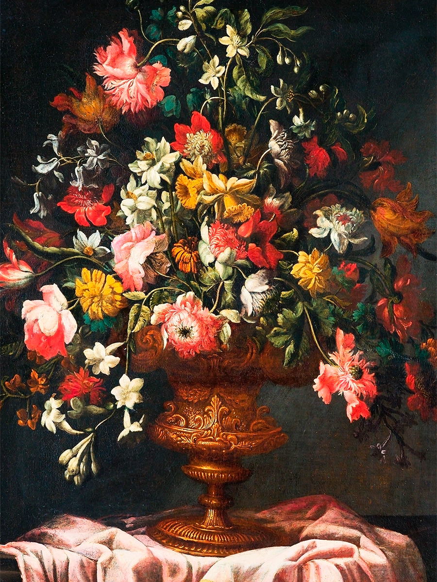 фото Постер drabs а2 итальянская школа - цветы в декоративной вазе на столе,покрытом тканью