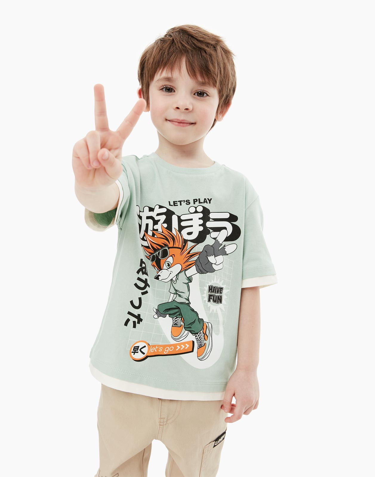 Оливковая футболка с аниме-принтом для мальчика 9-12мес/80