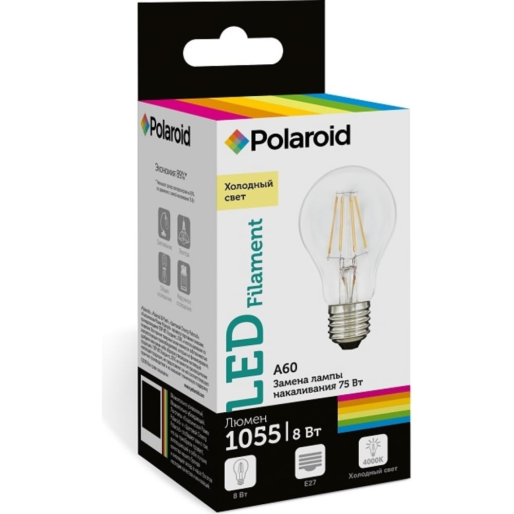 

Polaroid Светодиодная лампа 220V FIL A60 8W 4000K E27 1055lm PL-A60F4284