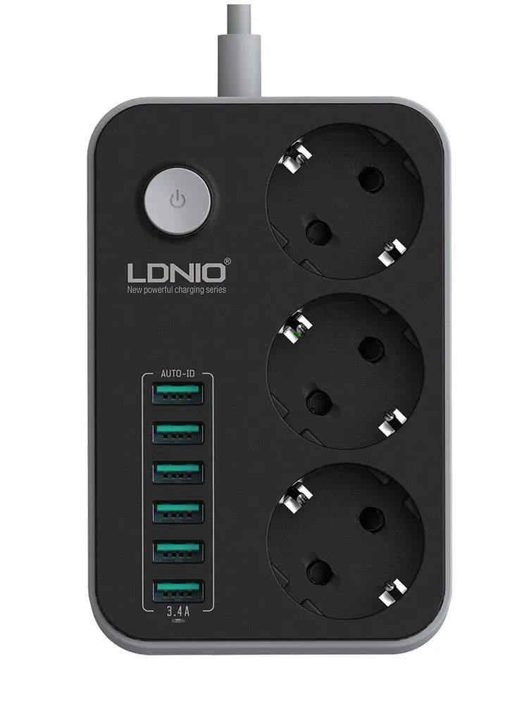 фото Сетевой фильтр удлинитель ldnio se3631/1.6м + зу на 6 usb/ 3 розетки (медь) - 2500w/ usb -