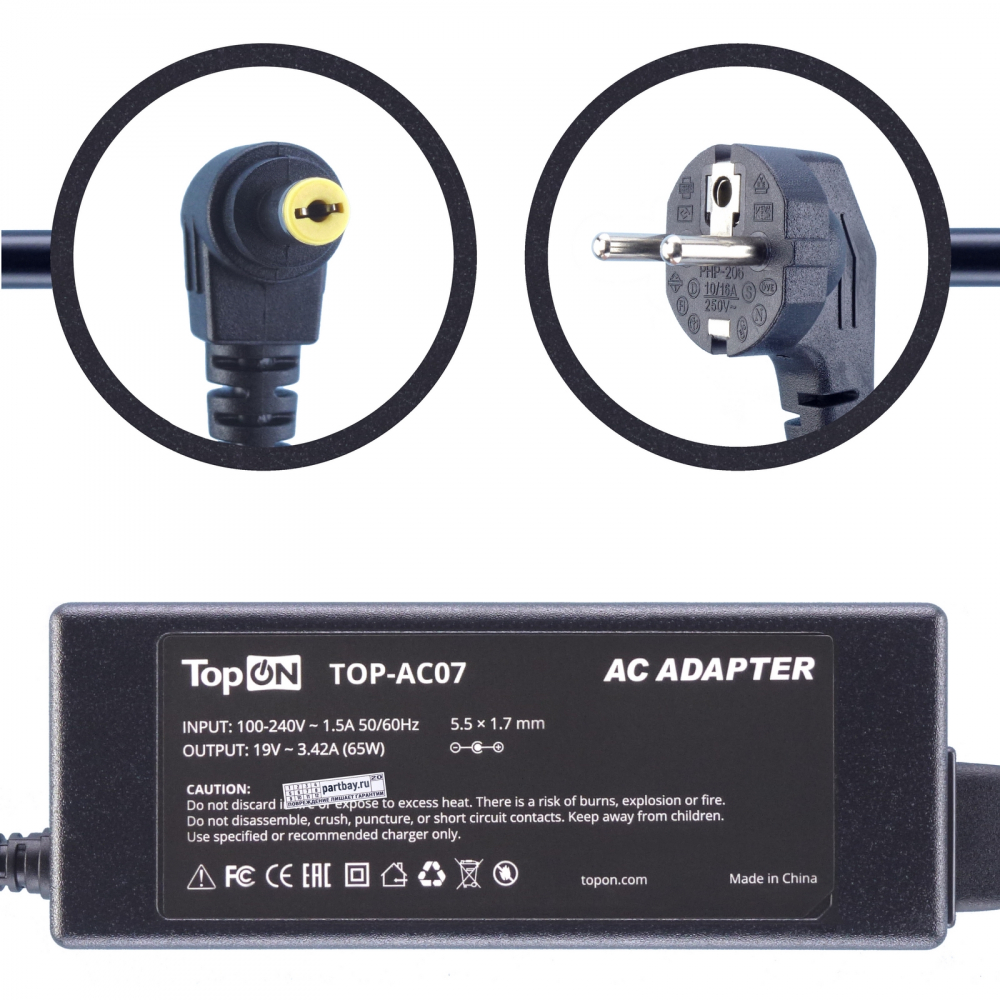 LC.ADT00.057 Блок питания для ноутбука Acer 19V 3.42A 5.5x1.7mm 65W TopON 100066413086 черный