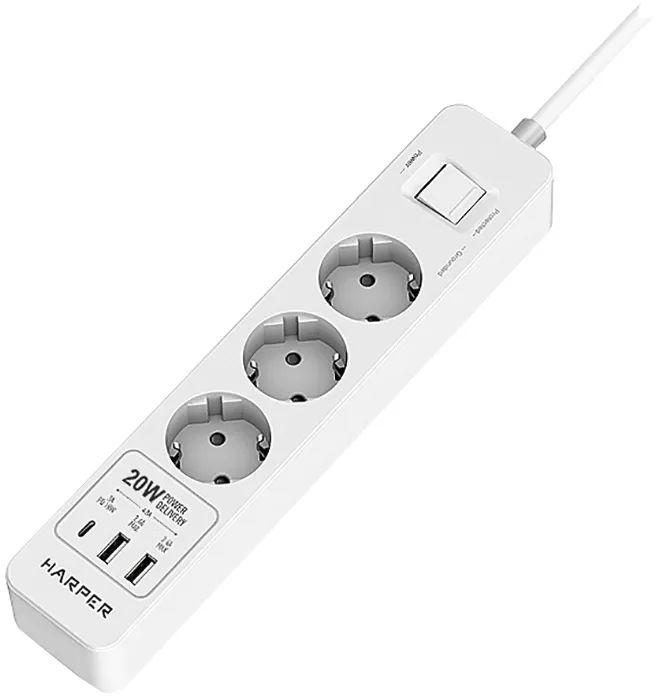 Удлинитель сетевой 2 USB, Type-C, 3 метра, 3 розетки, Harper UCH-430 White PD3.0, белый/ С