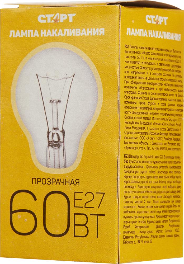 Лампа накаливания Старт Б Е27 60 Вт теплый белый груша прозрачная