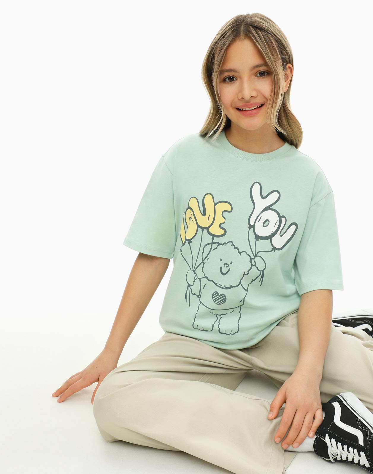 

Мятная футболка oversize с мишкой для девочки 6-8л/122-128, Бирюзовый, GKT022008