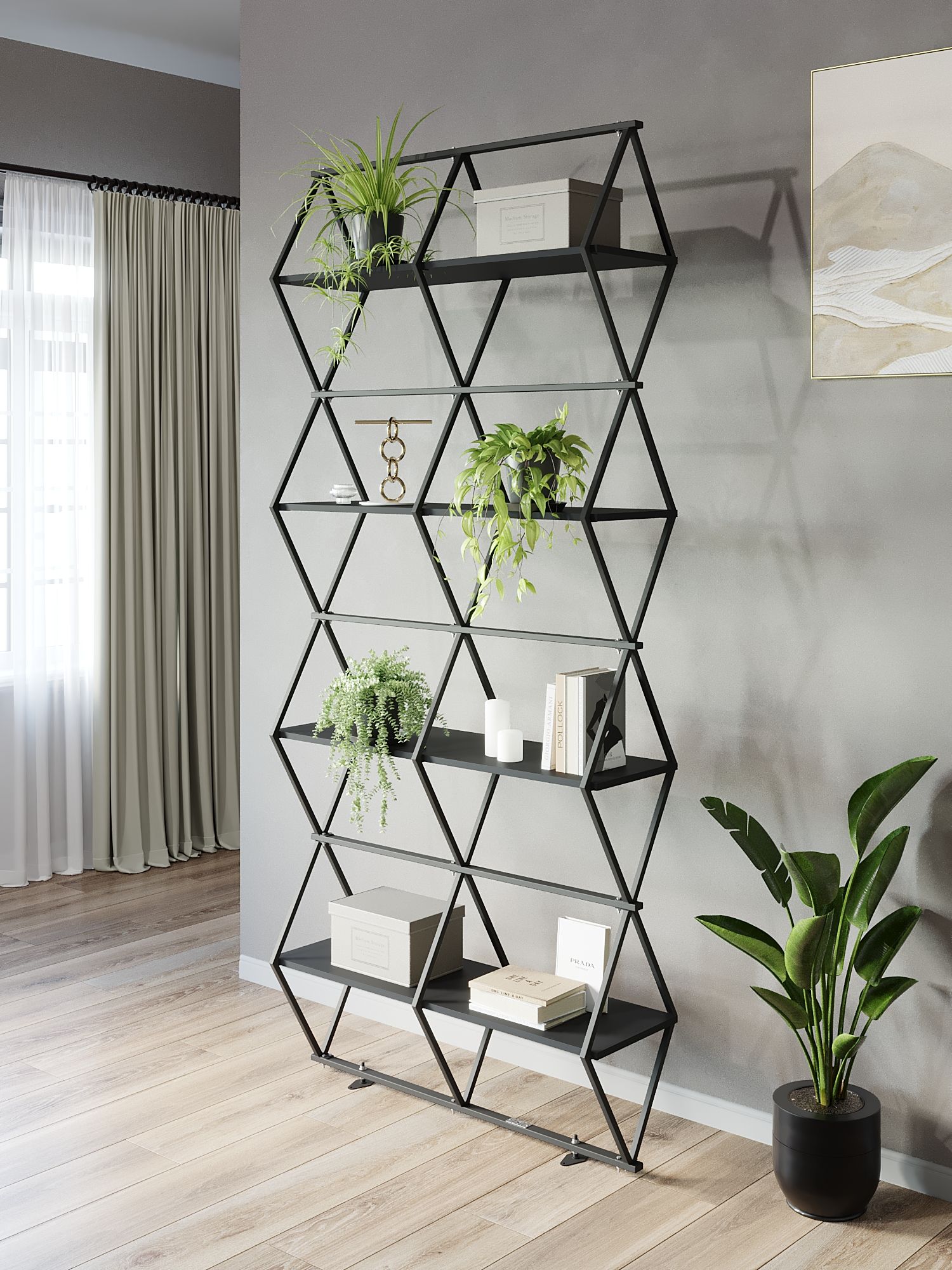 

Стеллаж KM LOFT Ромбо черный/черный лофт для дома в гостинную перегородка, KM01