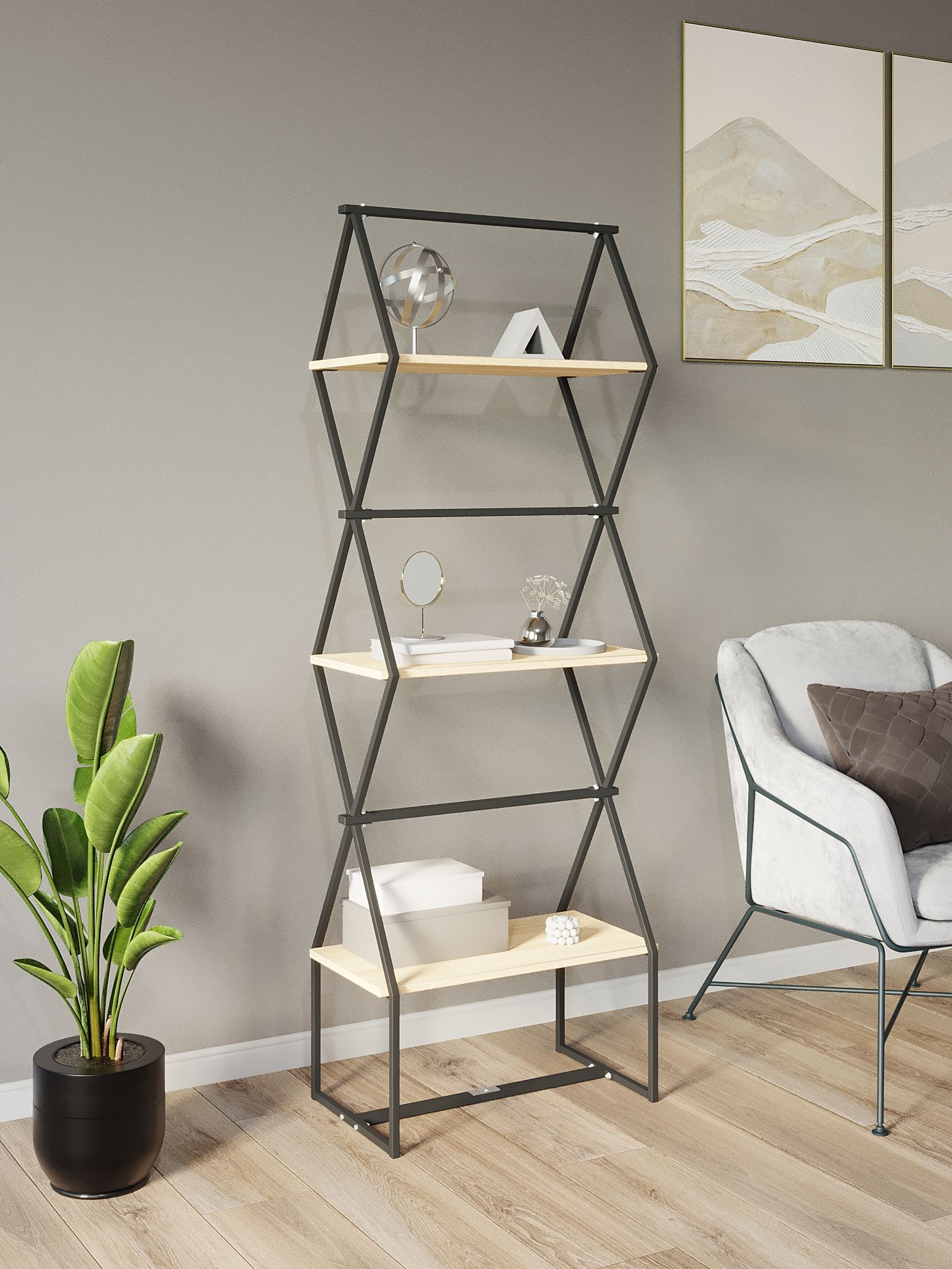 

Стеллаж KM LOFT Ромбо СтSL черный/дуб сонома лофт для дома в гостинную перегородка, KM38