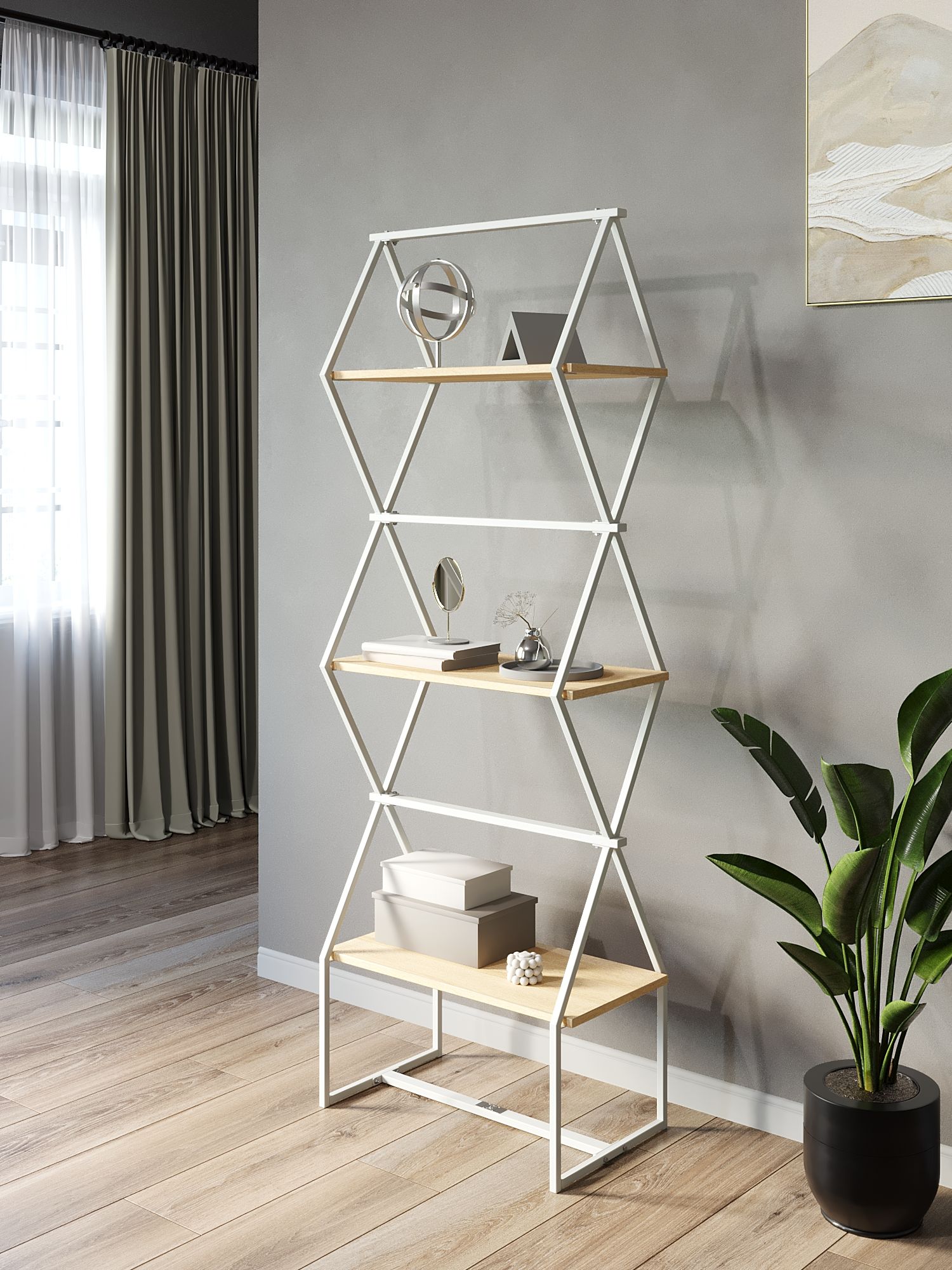 

Стеллаж KM LOFT Ромбо СтSL белый/дуб сонома лофт для дома в гостинную перегородка, KM38