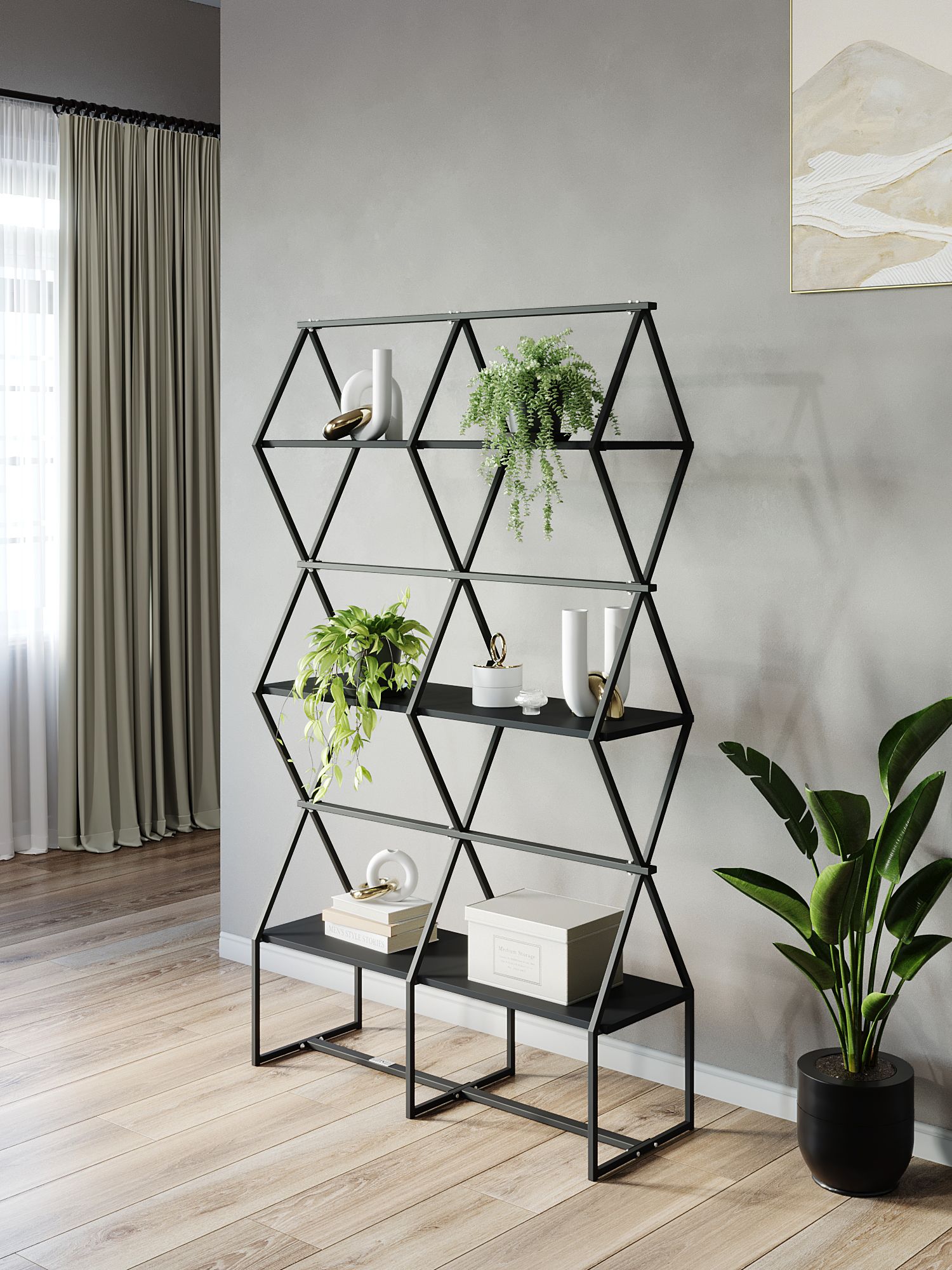 

Стеллаж KM LOFT Ромбо СтL черный/черный лофт для дома в гостинную перегородка, KM30