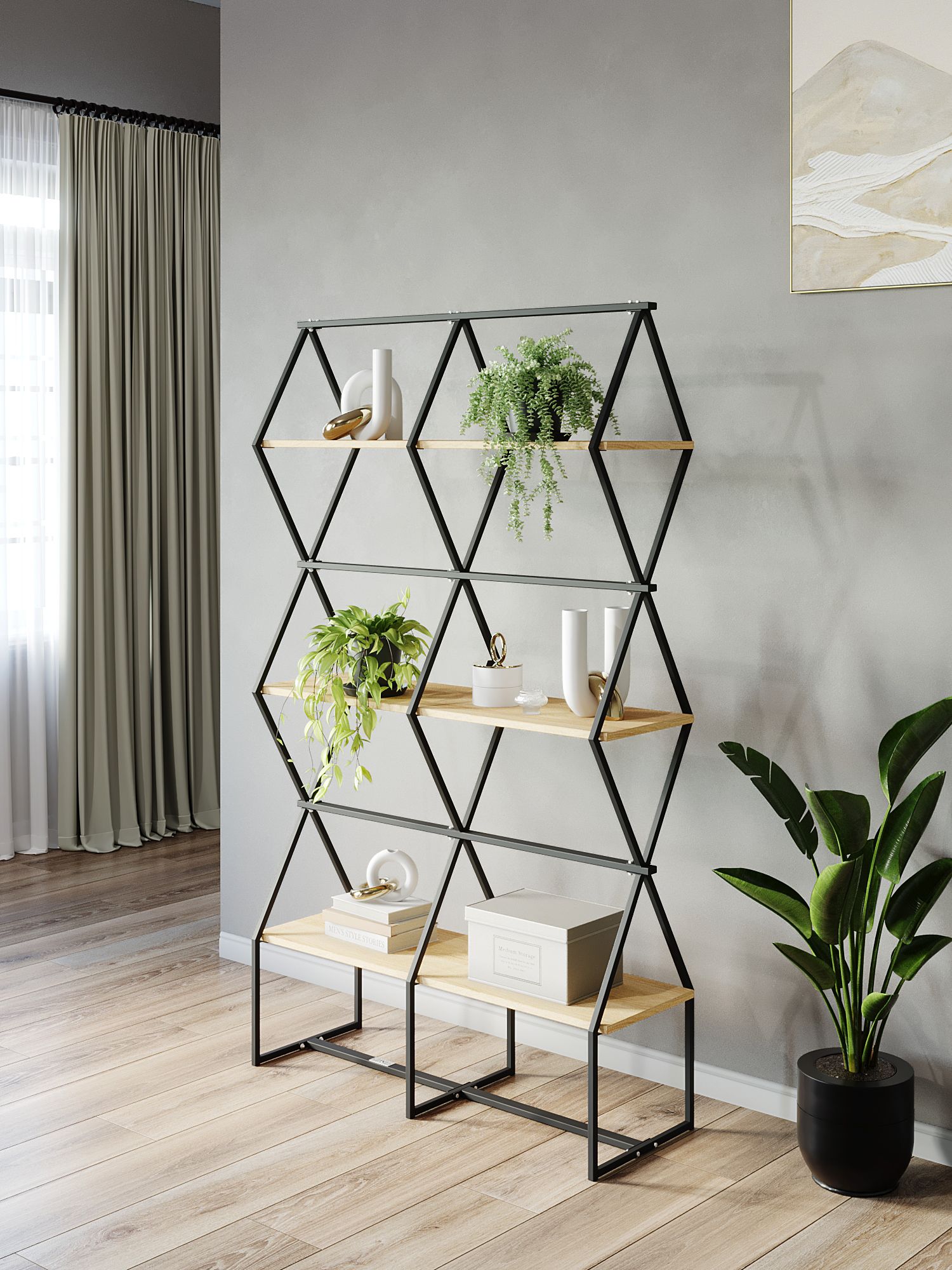 

Стеллаж KM LOFT Ромбо СтL черный/дуб сонома лофт для дома в гостинную перегородка, KM30