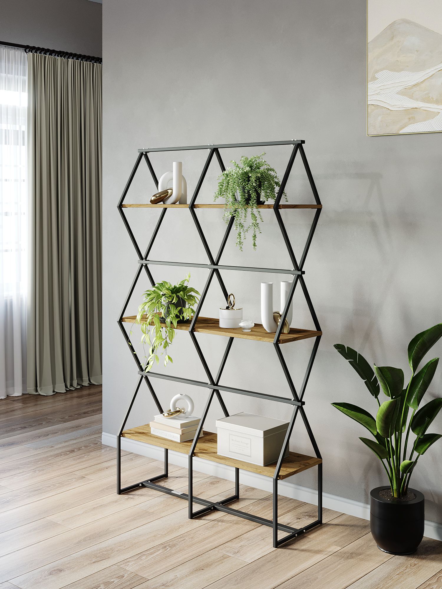 

Стеллаж KM LOFT Ромбо СтL черный/дуб вотан лофт для дома в гостинную перегородка, KM30