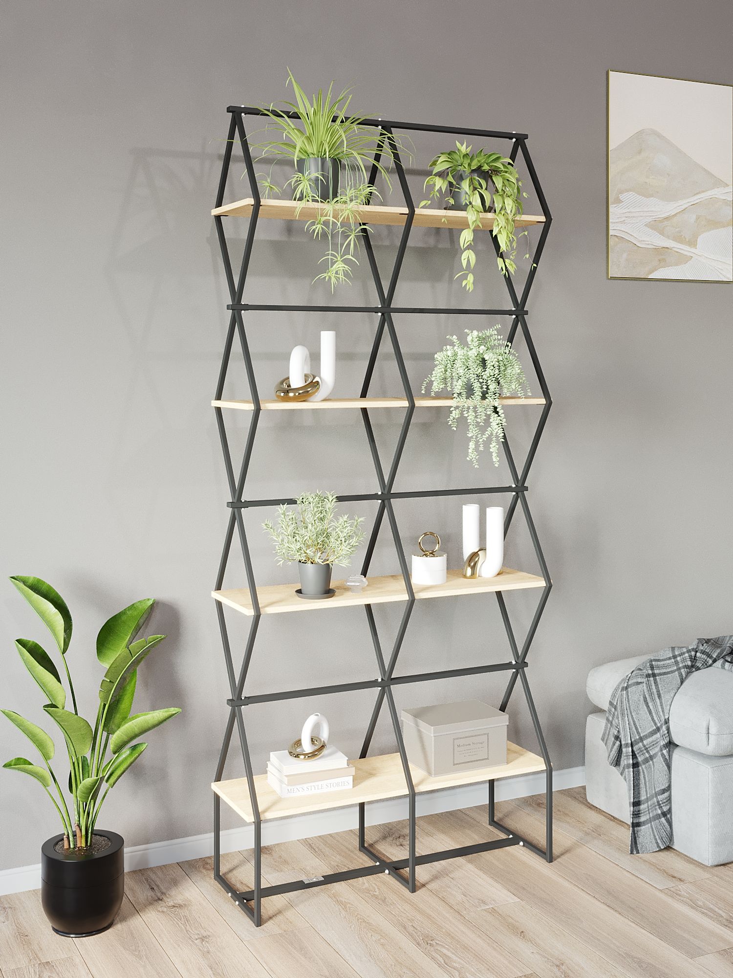 

Стеллаж KM LOFT Ромбо Ст черный/дуб сонома лофт для дома в гостинную перегородка, KM55