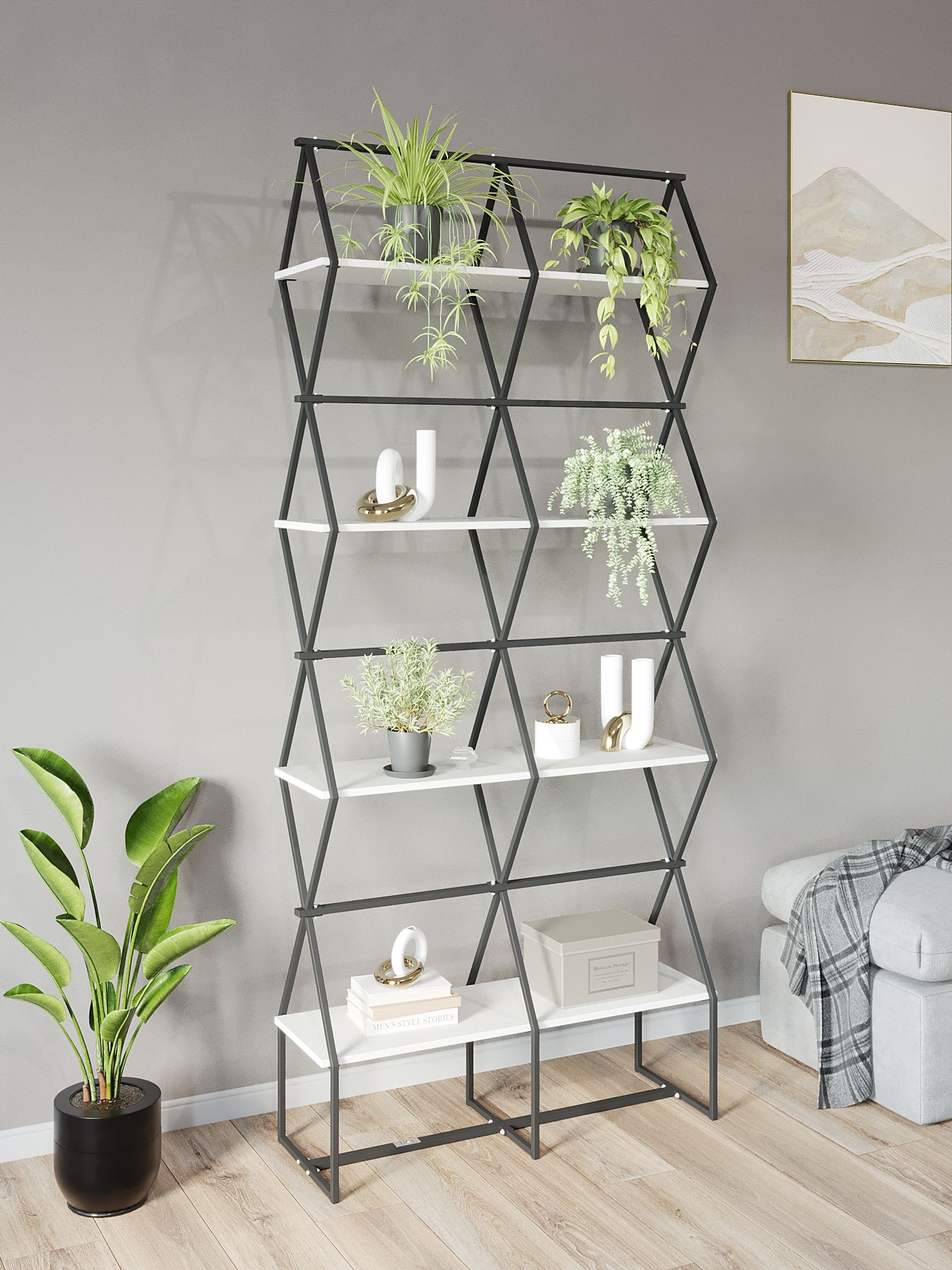 

Стеллаж KM LOFT Ромбо Ст черный/белый лофт для дома в гостинную перегородка, KM55