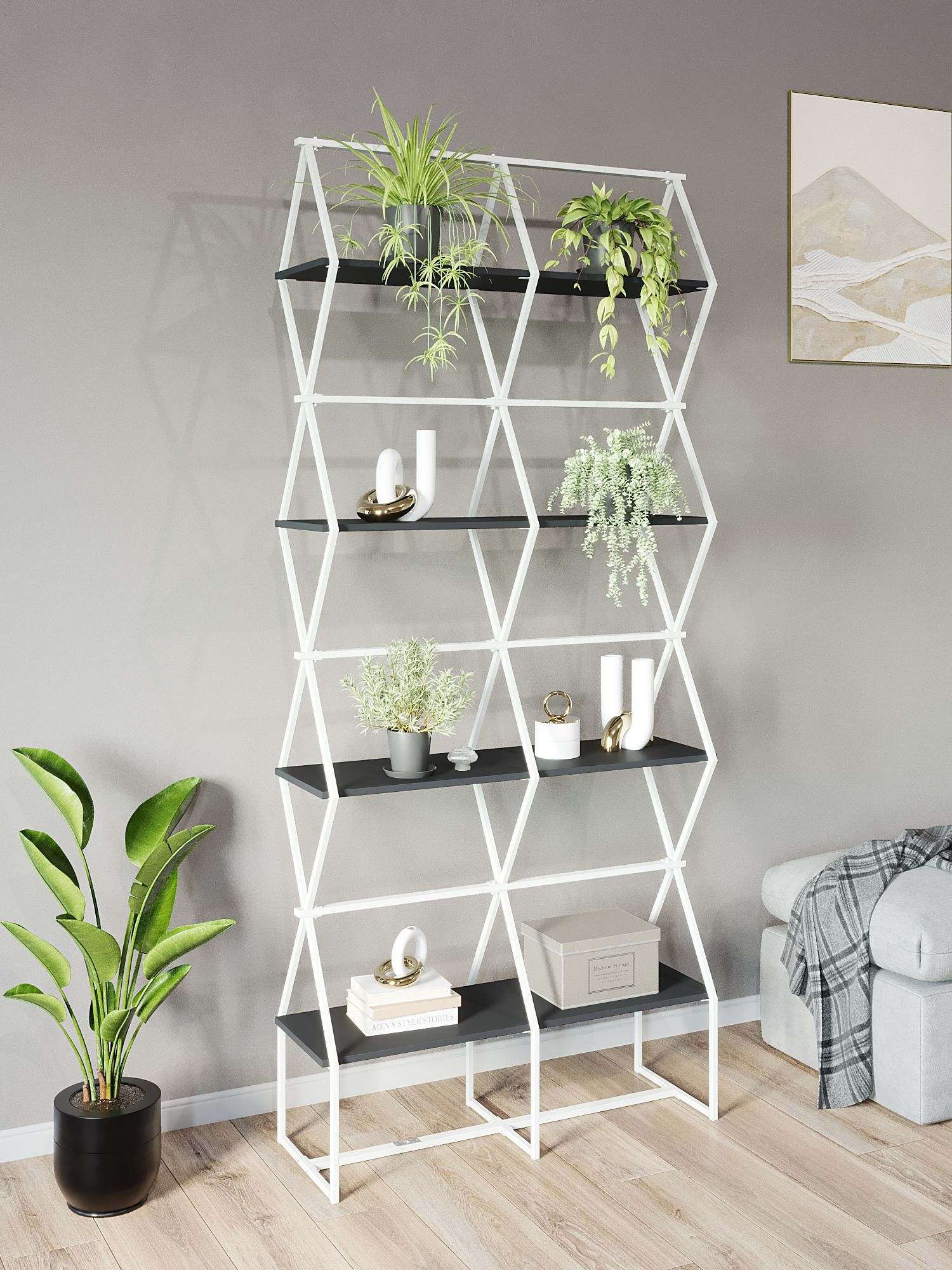 

Стеллаж KM LOFT Ромбо Ст белый/дуб вотан лофт для дома в гостинную перегородка, KM55