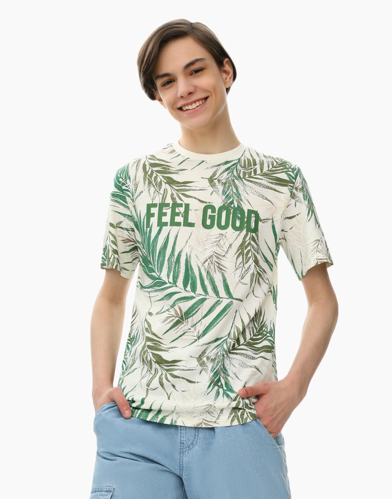 Молочная футболка с тропическим принтом для мальчика 5-6л/116
