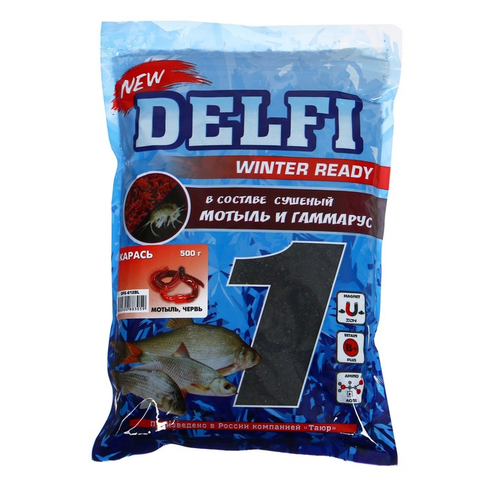 

Прикормка зимняя увлажненная DELFI ICE Ready, карась, мотыль + червь, черная, 500 г