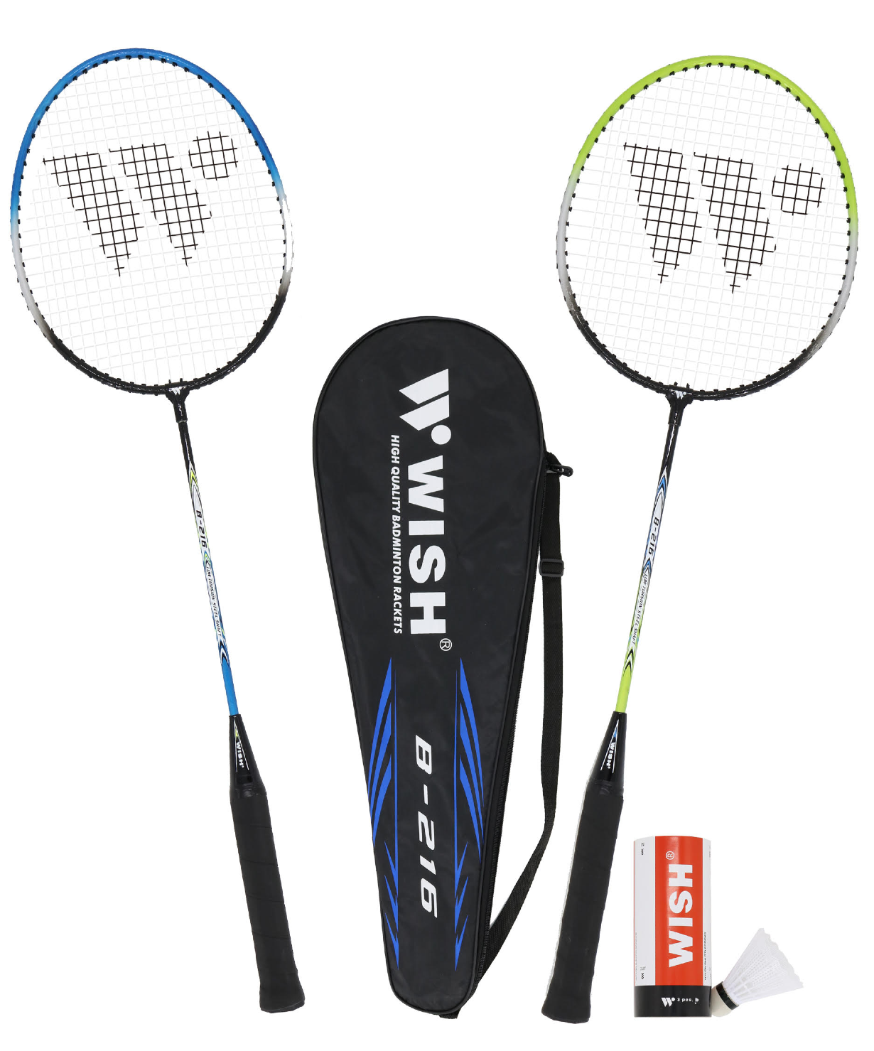 Набор для бадминтона Wish Steeltec 216, 2 ракетки + 2 волана, зеленый/синий ракетка для большого тенниса wish fusiontec 300 27’’ синий