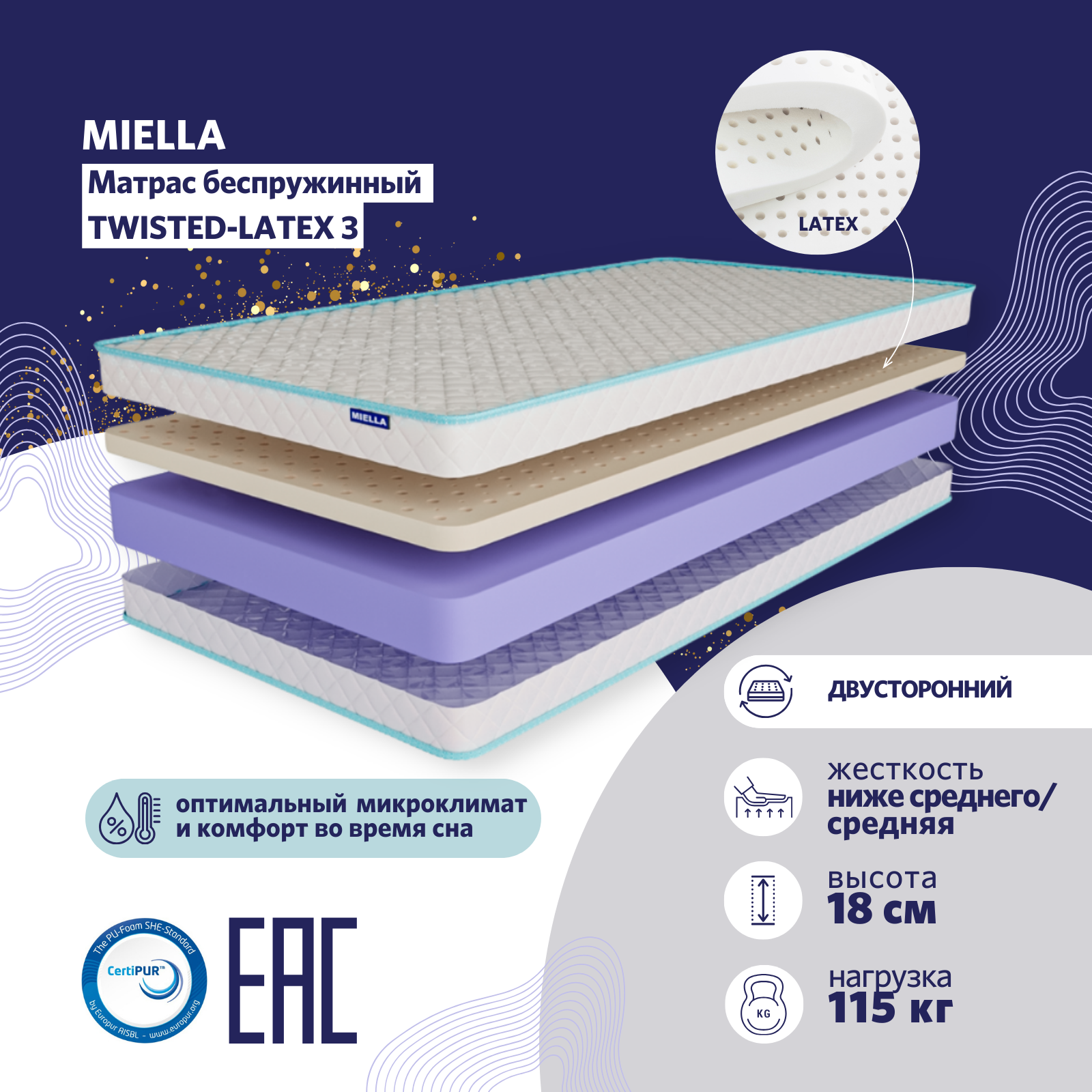 

Матрас для кровати Miella Twisted Latex 3 двусторонний с разной жесткостью 110x195 см, Белый, Twisted-Latex 3