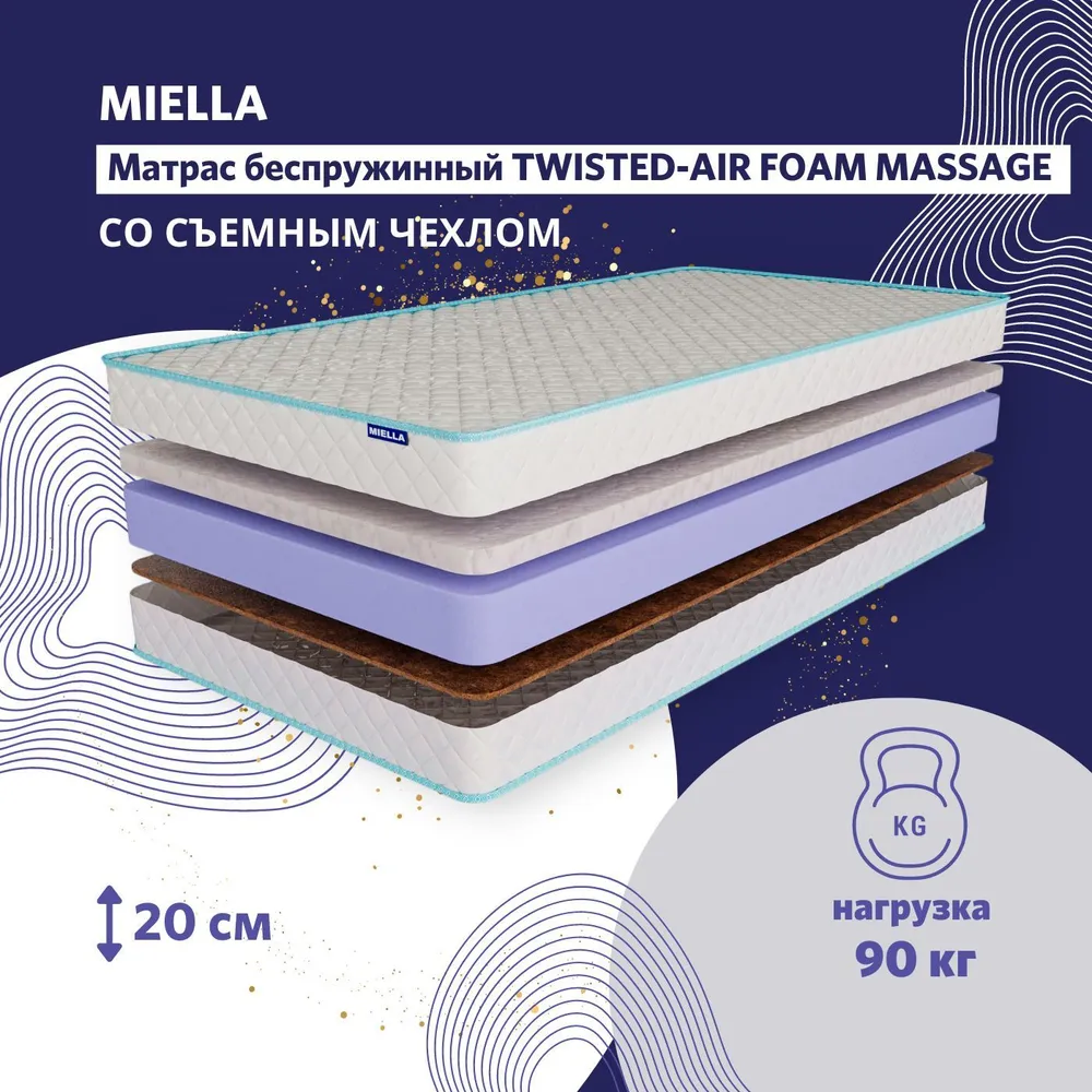 

Матрас детский в кроватку MIELLA Twisted-Air Foam Massage двусторонний, с кокосом 70x160см, Twisted-Air Foam Massage
