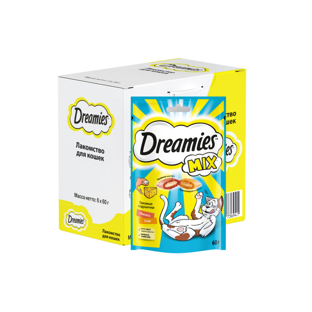 фото Лакомство для кошек dreamies mix подушечки с лососем и сыром, 60 г 6 шт