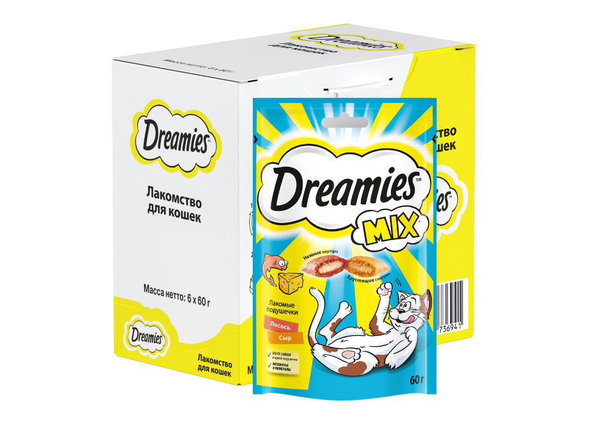 фото Лакомство для кошек dreamies mix подушечки с лососем и сыром, 60 г 6 шт