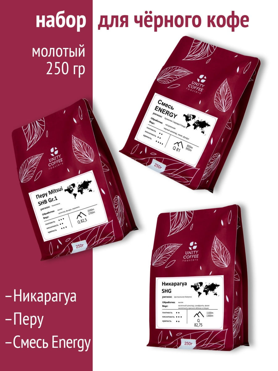 

Набор молотого кофе для черного кофе/Смесь ENERGY/Никарагуа SHG/Перу SHB Mitsui/750 г