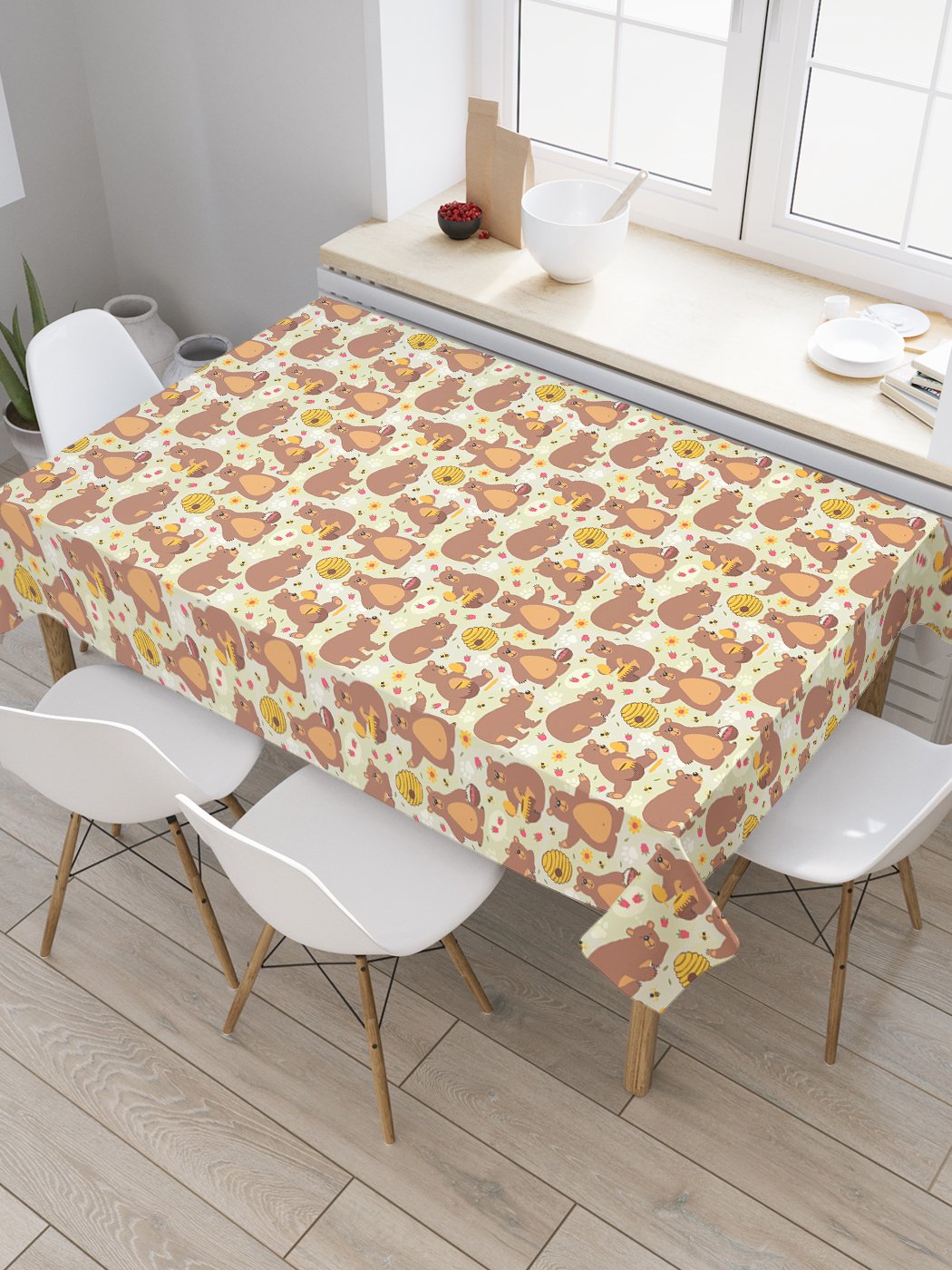 

Скатерть прямоугольная JoyArty "Мишка-сластена" из сатена, 120x145 см, Бежевый, Мишка-сластена