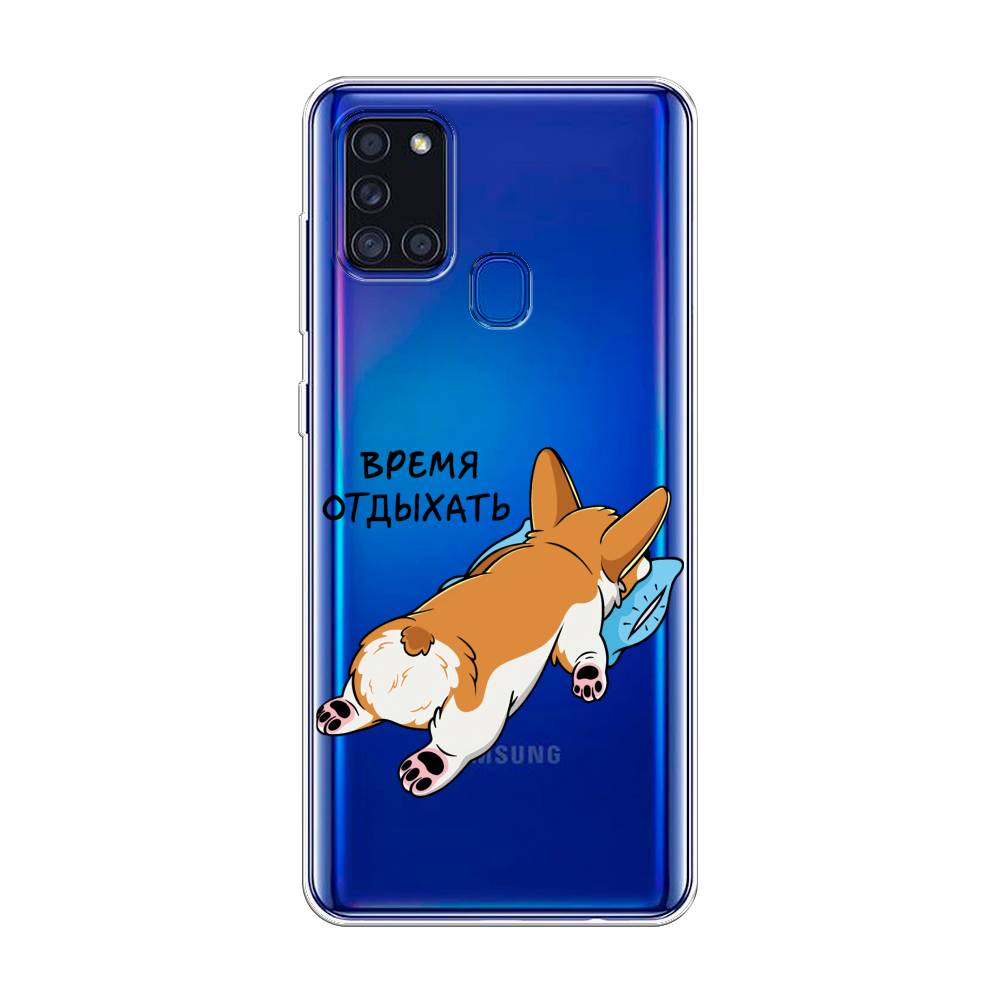 

Чехол на Samsung Galaxy A21s "Корги отдыхает", Черный;коричневый;голубой, 2100250-1