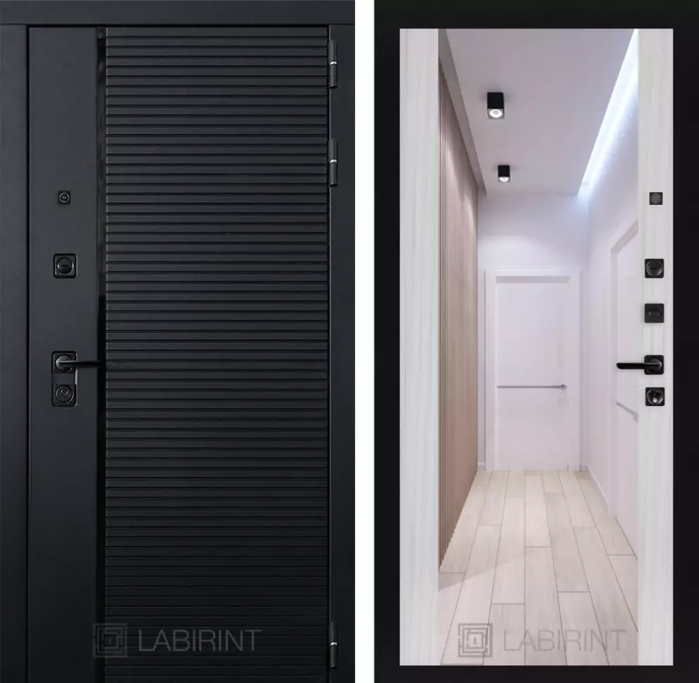 

Входная дверь LABIRINT PIANO 880х2050 правая с панелью зеркало максимум цвет сандал белый