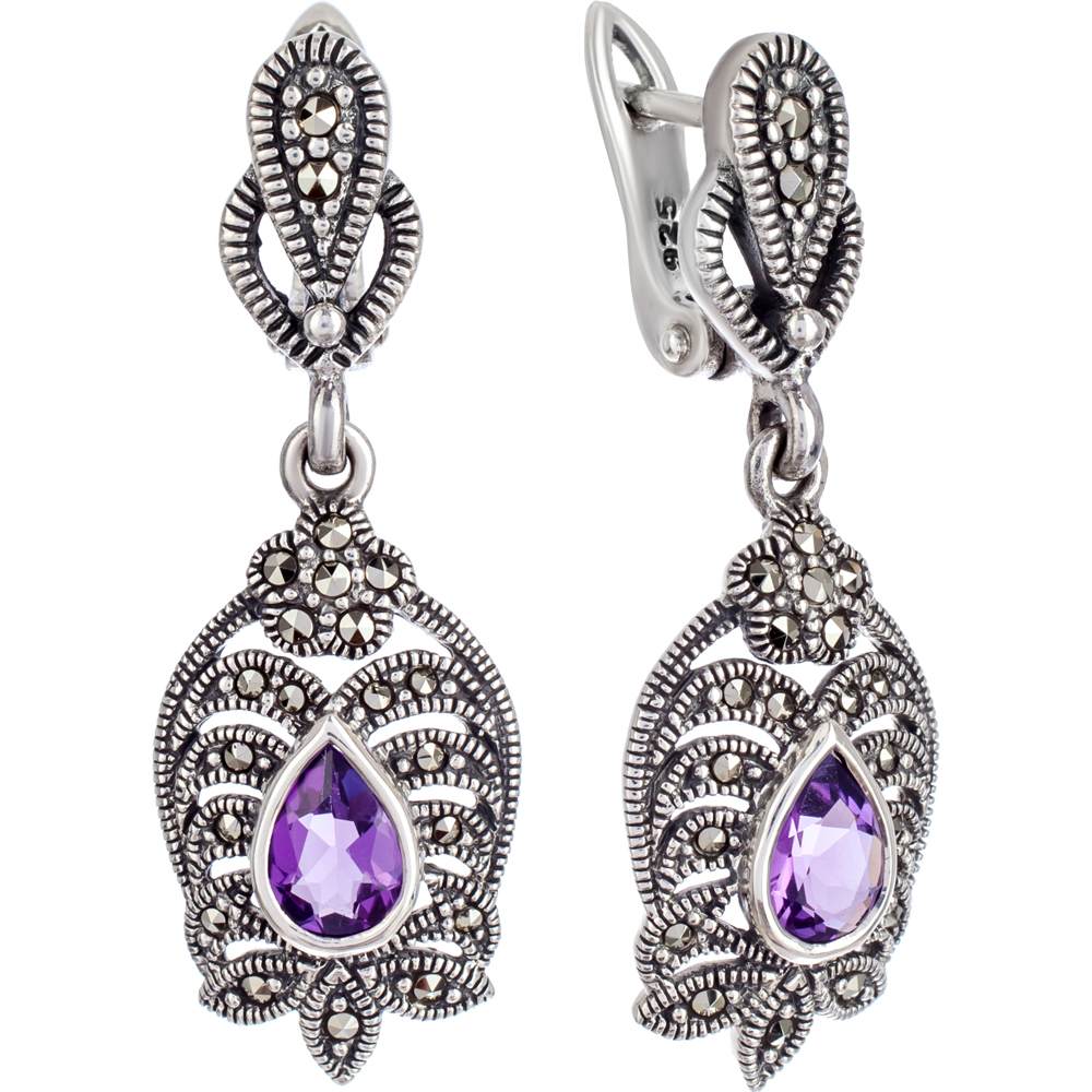 

Серьги женские из серебра ЮК Марказит HE057, марказит/аметист, HE057