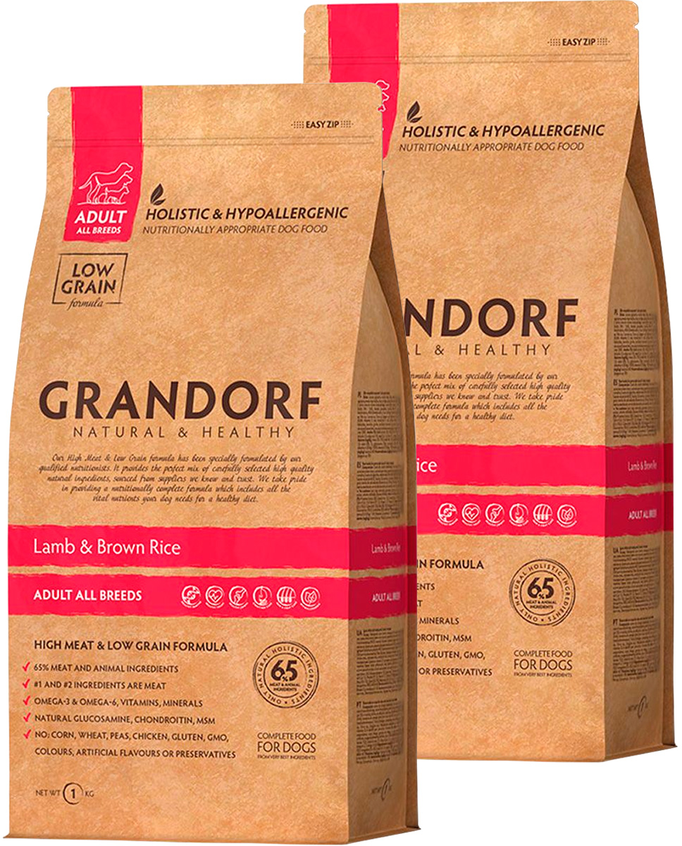 

Сухой корм для собак всех пород Grandorf с ягненком и коричневым рисом, 2 шт по 1 кг