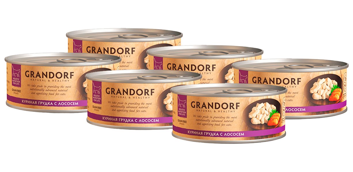 Консервы для кошек Grandorf Natural&Healthy, с куринойгрудкой и лососем, 6шт по 70г