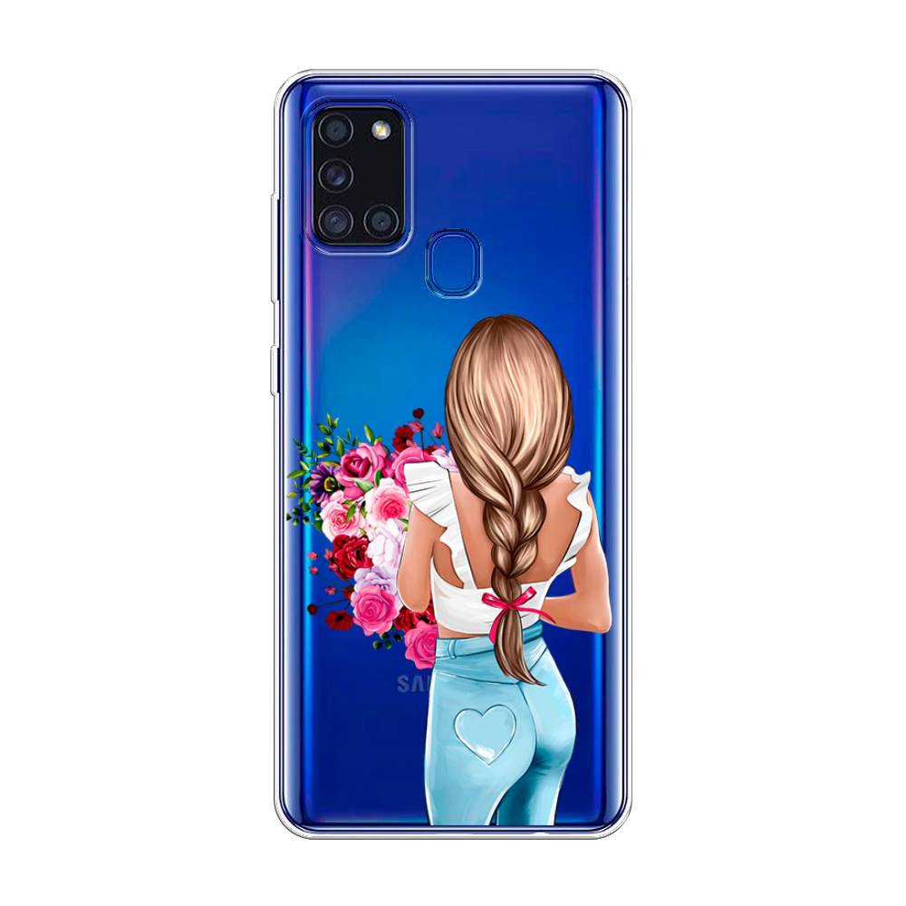 

Чехол на Samsung Galaxy A21s "Девушка с цветами", Коричневый;розовый;голубой, 2100250-6