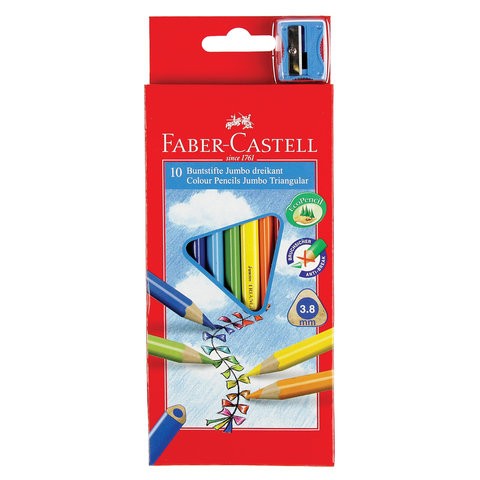 фото Карандаши цветные утолщенные faber-castell jumbo 10 цветов, трехгранные, с точилкой